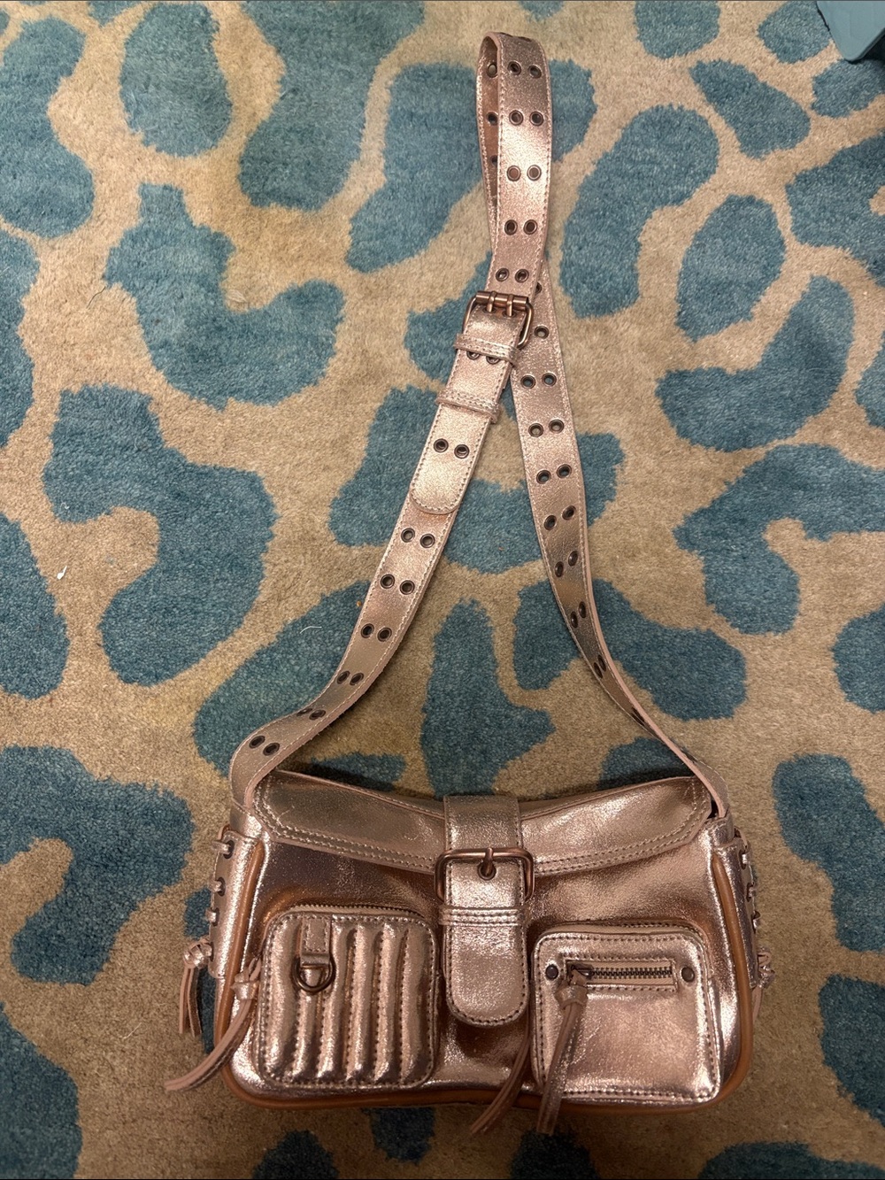 Free People Metallic Rose Gold Crossbody Bag with Studded Strap